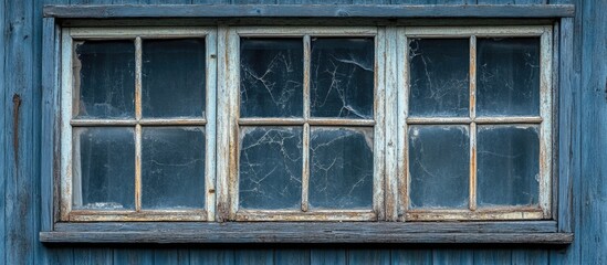 Poster - Rustic weathered wooden window with cracked glass on blue wooden wall Copy Space