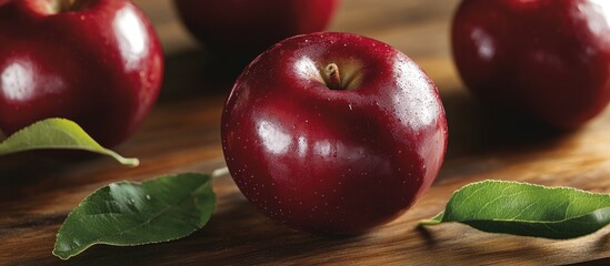 Aufkleber - Fresh red apples on wooden surface with green leaves, selective focus, with copy space for text or design elements.