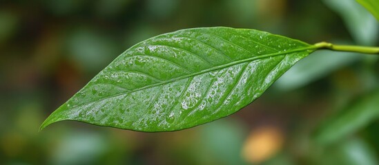 Aufkleber - Close-up of green leaf with water droplets on surface against blurred natural background suitable for botanical themes and design Copy Space