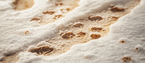 Aufkleber - Detailed close-up of snow scattered on a wooden surface showing unique patterns and textures, Copy Space