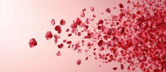 Aufkleber - Red rose petals scattered on a soft pink background creating a dynamic visual effect with ample Copy Space for text placement