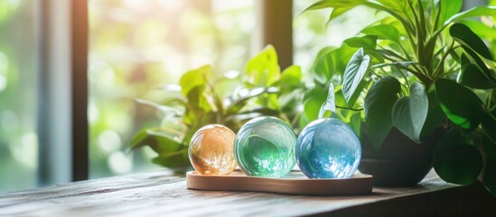 Aufkleber - Colorful decorative glass spheres on a wooden surface surrounded by green plants with sunlight filtering through a window Copy Space