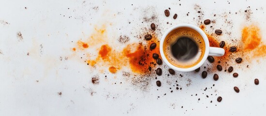 Poster - Coffee cup with espresso surrounded by coffee beans and scattered coffee grounds on white background with color splashes Copy Space
