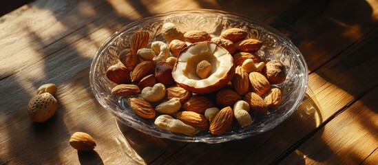 Poster - Mixed assortment of nuts in a glass bowl on wooden table natural light Copy Space