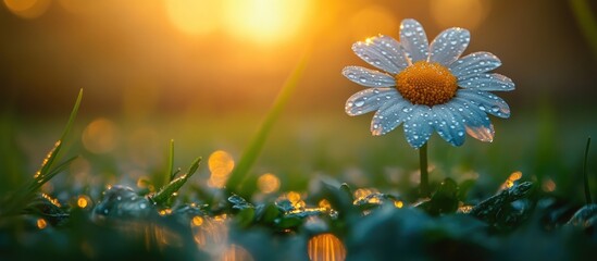 Aufkleber - Daisy flower with water droplets on petals in grass during golden hour sunlight with bokeh effect and copy space