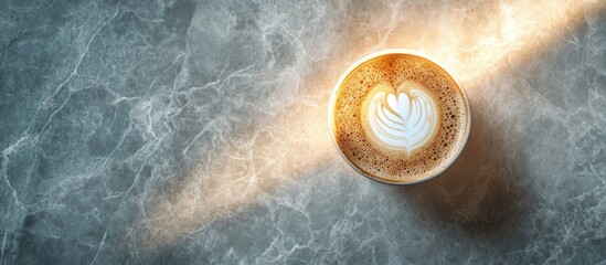 Aufkleber - Coffee cup with latte art on marble surface illuminated by soft natural light Copy Space