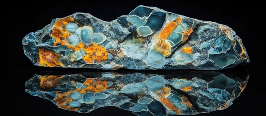 Aufkleber - Multicolored mineral rock with blue, orange, and gray hues reflecting on black surface Copy Space