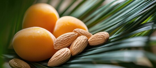 Aufkleber - Fresh apricots and almonds arranged on green palm leaves with natural lighting and soft focus Copy Space