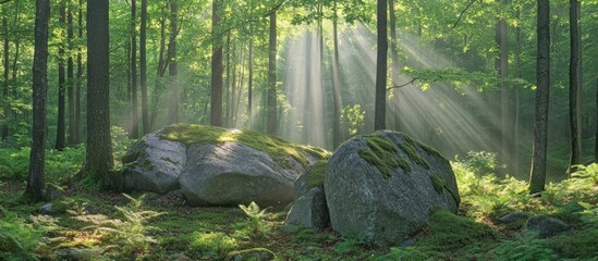 Poster - Peaceful forest scene with sunlight streaming through trees illuminating moss-covered rocks and ferns in a serene natural environment Copy Space