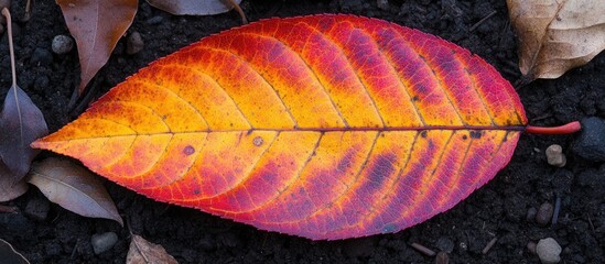 Poster - Close-up of a vibrant autumn leaf in shades of yellow and red resting on dark soil, featuring intricate veining and texture, Copy Space