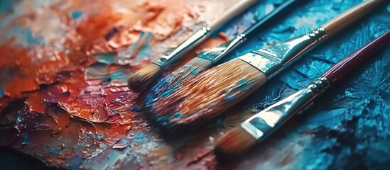 Aufkleber - Artistic paint brushes on colorful textured palette with vibrant paint, Copy Space
