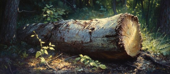 Poster - Felled tree trunk in forest surrounded by greenery with dappled sunlight illuminating the scene Copy Space