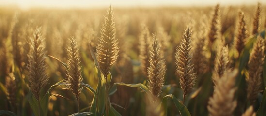 Poster - Golden wheat field at sunset with stalks illuminated by warm light and blurred background for Copy Space