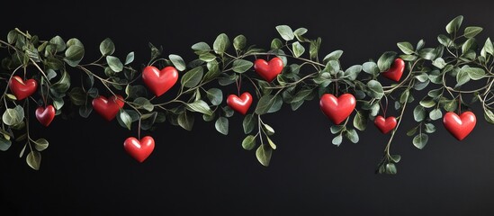 Poster - Red heart shapes hanging from green leaves on a dark background decorative design Copy Space