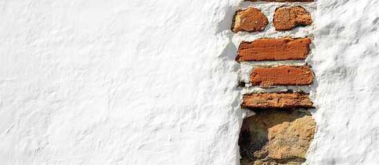 Aufkleber - Textured wall with exposed bricks and rough plaster in white background with a gap showing stone base and brick layers. Copy Space