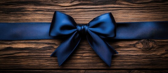Aufkleber - Dark blue satin bow with long ribbon on textured wooden background Copy Space