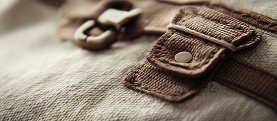 Aufkleber - Close-up detail of a fabric texture featuring stitched pocket with button and metal clasp on light background Copy Space