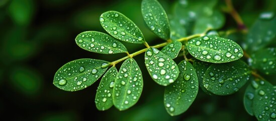Aufkleber - Close-up of green leaves with water droplets on a blurred natural background Copy Space