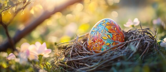 Aufkleber - Colorful decorative Easter egg in a natural nest surrounded by flowers and soft sunlight Copy Space