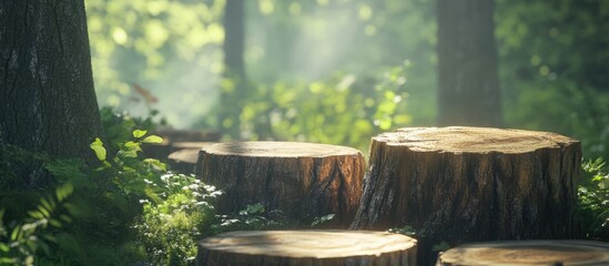 Poster - Wooden tree stumps in a serene forest with sun rays filtering through green foliage and plants around, natural background with Copy Space