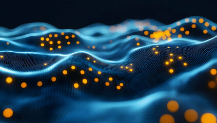 Poster - Abstract digital background with glowing connections and city lights on a dark blue backdrop