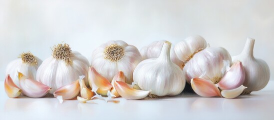 Aufkleber - Fresh whole garlic bulbs and cloves arranged on a white background with soft lighting Copy Space