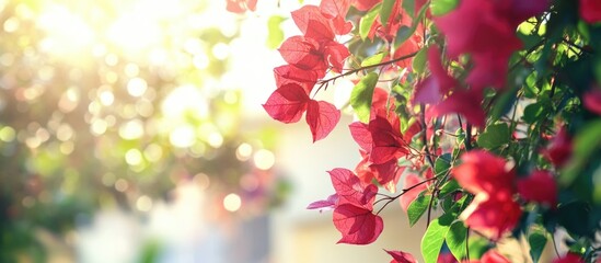 Aufkleber - Bougainvillea flowers with vibrant red petals in sunlight with blurred garden background and soft focus Copy Space