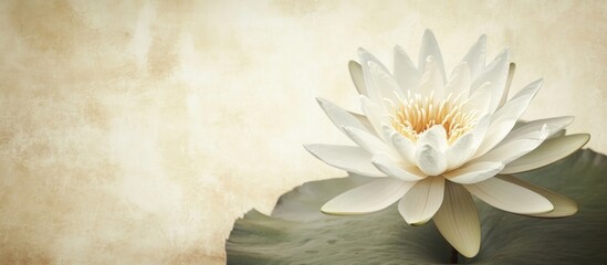 Aufkleber - White lotus flower on a green leaf with a textured beige background and ample copy space for text