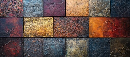 Aufkleber - Colorful textured stone tiles arrangement with variations in hue and surface details suitable for background or design applications Copy Space