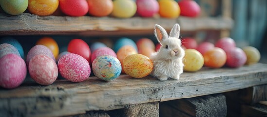 Aufkleber - Easter bunny figurine beside colorful decorated eggs on wooden display with vintage background and soft lighting Copy Space