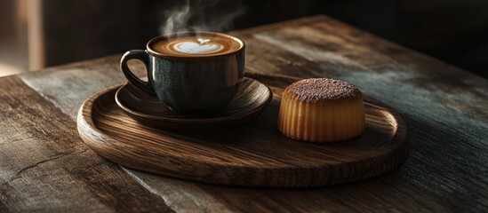 Poster - Coffee cup with heart latte art on wooden table with pastry on round wooden plate Copy Space