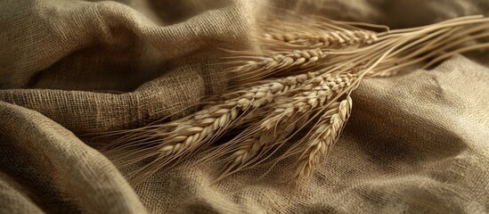 Poster - Dried wheat stalks on textured burlap fabric background with natural lighting and copy space for text placement