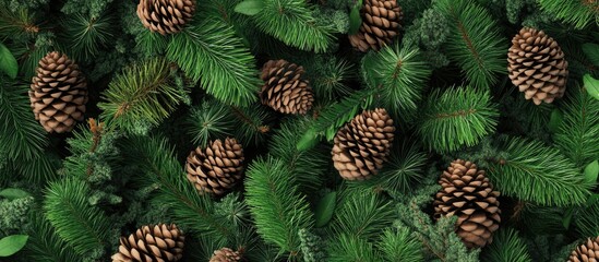 Aufkleber - Pine cones and evergreen branches arranged on a green background with natural foliage Copy Space