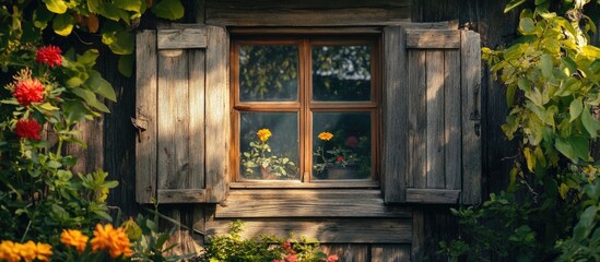 Poster - Wooden window with shutters surrounded by colorful flowers and greenery in a rustic setting showcasing nature's beauty and tranquility. Copy Space