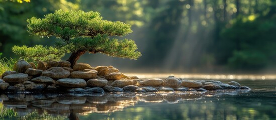 Aufkleber - Bonsai tree on a rocky island in a tranquil lake with soft sunlight filtering through the trees reflecting on the water Copy Space