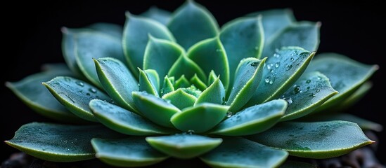 Aufkleber - Close-up of a green succulent plant with water droplets on leaves against a dark background with Copy Space