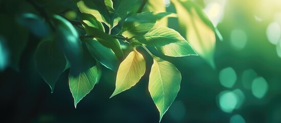 Poster - Green leaves with sunlight shining through, soft focus bokeh background, natural lush environment, Copy Space
