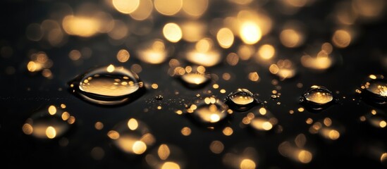 Aufkleber - Close-up of water droplets on a dark surface with golden bokeh lights in the background Copy Space