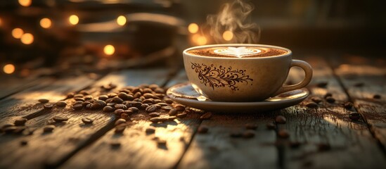 Poster - Steaming coffee cup with latte art on wooden table surrounded by coffee beans and blurred fairy lights in the background Copy Space