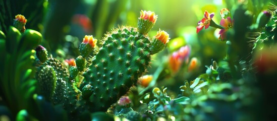 Poster - Vibrant flowering cactus plants surrounded by lush green foliage and bright sunlight natural environment with Copy Space