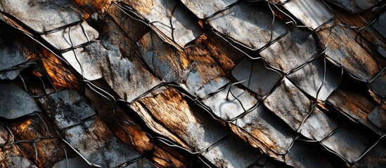 Aufkleber - Textured close-up of weathered metallic roof shingles with rust and fading colors, detailed pattern and lighting, Copy Space