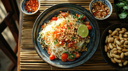 Poster - A colorful salad featuring noodles, cherry tomatoes, and crushed peanuts, garnished with lime and spices, creating a delightful meal