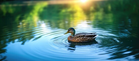 Aufkleber - Mallard duck swimming on tranquil water surface with ripples and soft sunlight reflections in background Copy Space