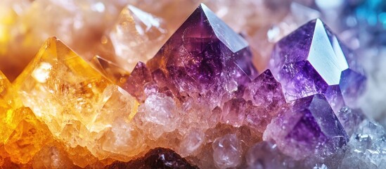 Poster - Colorful amethyst and citrine crystals in natural formation with rich textures and glimmering facets suitable for background use Copy Space