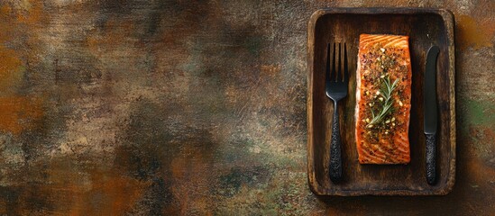 Aufkleber - Grilled salmon fillet garnished with herbs on rustic wooden tray with fork and knife on textured background Copy Space