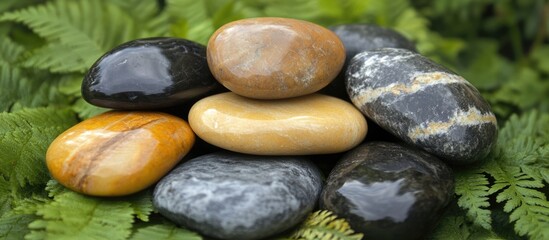 Aufkleber - Colorful smooth pebbles stacked on green ferns natural background with variation in textures and patterns Copy Space