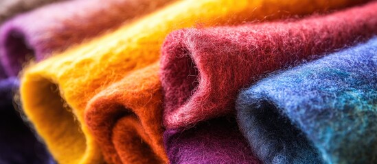 Aufkleber - Colorful felt fabric rolls stacked in layers showcasing vibrant hues of orange, yellow, red, purple, and blue with texture detail. Copy Space
