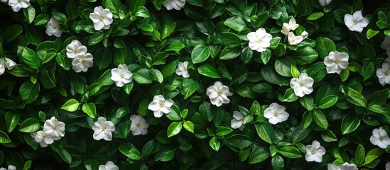 Poster - White flowers and green leaves dense botanical background with copy space for text or design elements