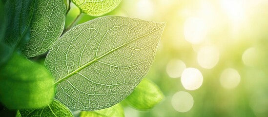 Aufkleber - Close-up of green leaves with detailed texture and soft sunlight in the background creating a natural bokeh effect Copy Space