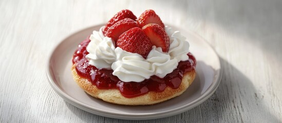 Poster - Delicious dessert with whipped cream and fresh strawberries on a biscuit topped with strawberry sauce placed on a beige plate on a wooden table